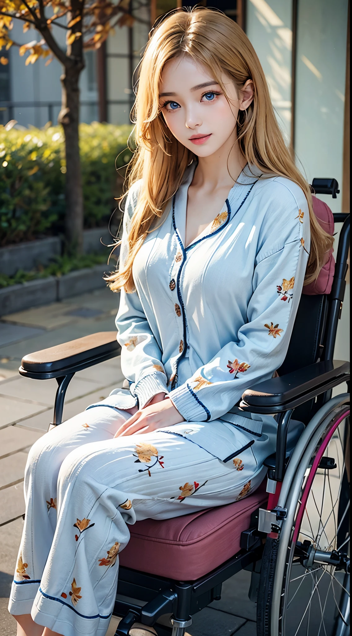 About 20 years old、Japan women、Beautiful woman、Blonde straight long hair、Beautiful hair、A detailed face、Detailed eyes、A detailed face、Detailed skin、realskin、((pajamas、Canadian pattern long cardigan))、autumn hospital、Hospital garden、Large ginkgo tree、((Light blue eyes))、wheelchair、a serene smile、