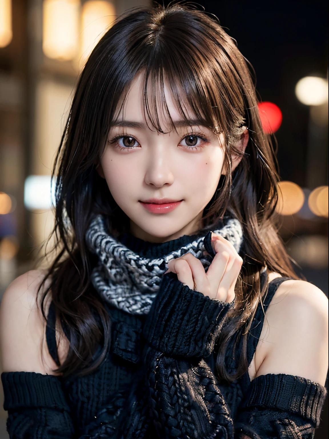 1 japanese girl,(Black sweater:1.4),(She wears a knitted snood around her neck to hide her chin.............:1.5), (Raw photo, Best Quality), (Realistic, Photorealsitic:1.4), masutepiece, extremely delicate and beautiful, Extremely detailed, 8k wallpaper, amazing, finely detail, extremely detailed CG Unity, hight resolution, Soft light, Beautiful detailed 19 year old, extremely detailed eye and face, beautiful detailed nose, Beautiful detailed eyes,Cinematic lighting,city light at night,Perfect Anatomy,Slender body,Smiling  (hair messy, asymmetrical bangs, light brown hair,)