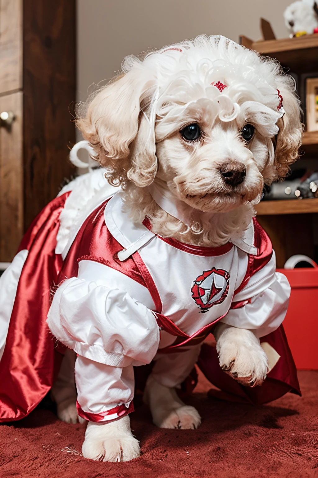 “Imagine a white poodle puppy dressed in a superhero costume., pronta para salvar o dia com suas habilidades divertidas e sapecas.”