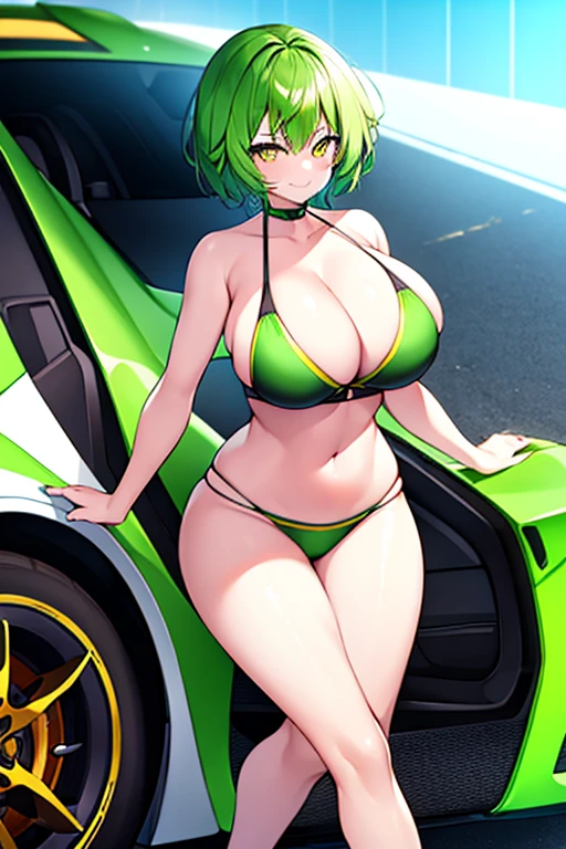 1girl, large breasts, breasts, thick thighs, wide hips, green hair, very short hair, short hair, yellow eyes, bikini, black bikini, neon trim, green neon trim, smile, smirk, smug, futuristic, science-fiction, tech, shoes, sneakers, green neon trim, green trim, v-string, race queen, car, sports car, sport car, motor vehicle
