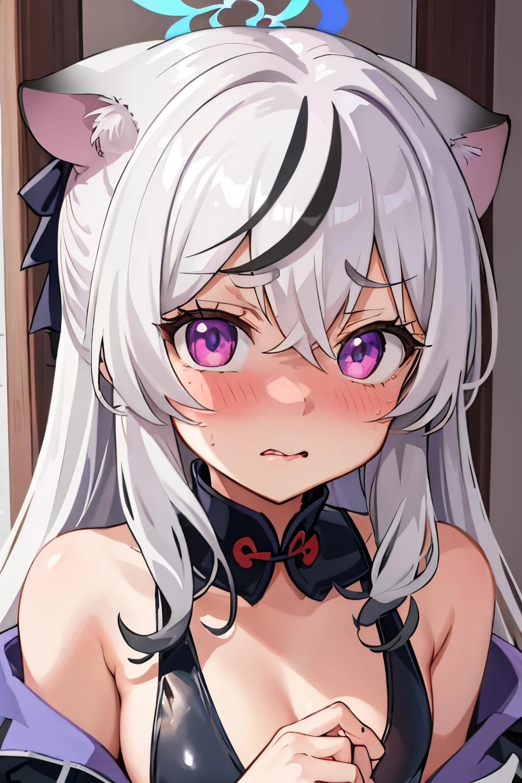 1girl, kokona, indoors, purple eyes, white hair, :3 mouth, embarrassed, beautiful eyes, beautiful lips, shiny lips, extremely detailed eyes and face, long eyelashes, close-up, warm lighting, vibrant colors, looking at the viewer, embarrassed look, blush, in a bikini, on the beach