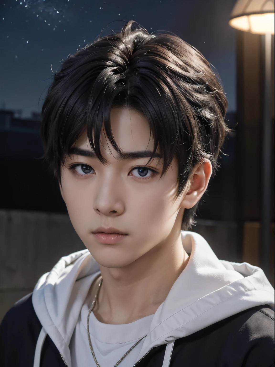 (photorealistic, masterpiece, 8K HD, good lighting quality, portrait, closing up on face, intricate details), a handsome young japanese teen boy, cute, wistful gaze, detailed face, detailed eyes, looking at the sky, wearing hoodie over shirt, necklace, blue eyes, (pale skin), slim build, black hair, smooth hair, hair bangs, wolf cut hairstyle, short ponytail, outdoors, twilight, stars, cosmical, dreamy world, surrealism, ethereal