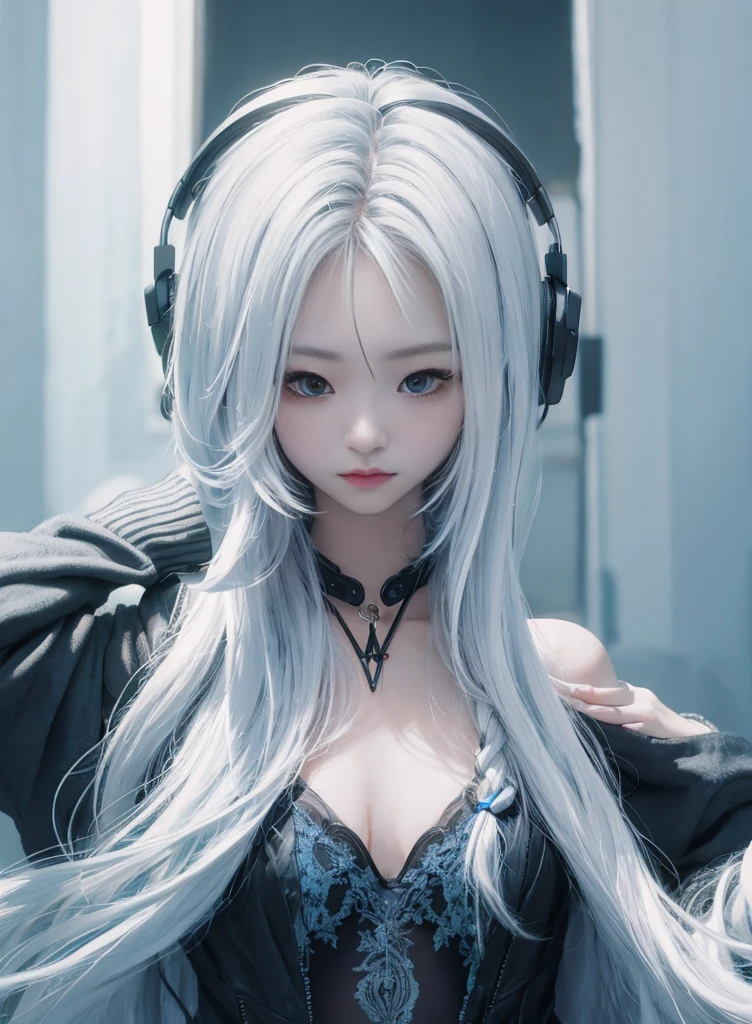 Long colored hair，Nice face，sling bikini，Heterochromatic pupil，ssmile，apathy，比基尼，fully body photo，the soft light，Earphone