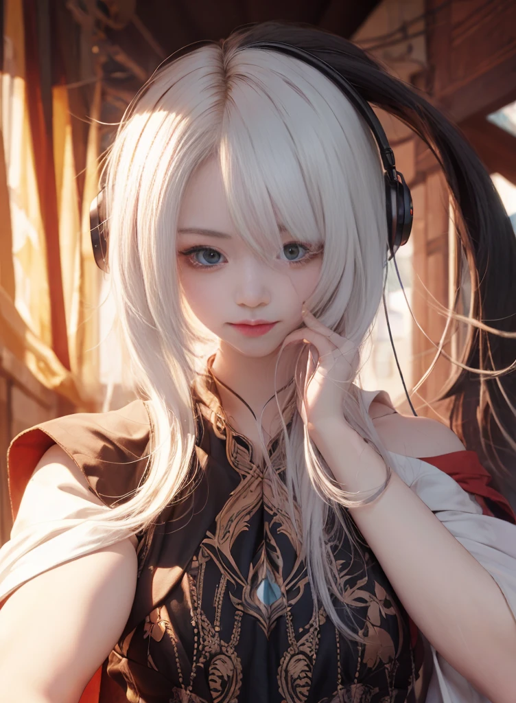 Long colored hair，Nice face，sling bikini，Heterochromatic pupil，ssmile，apathy，比基尼，fully body photo，the soft light，Earphone