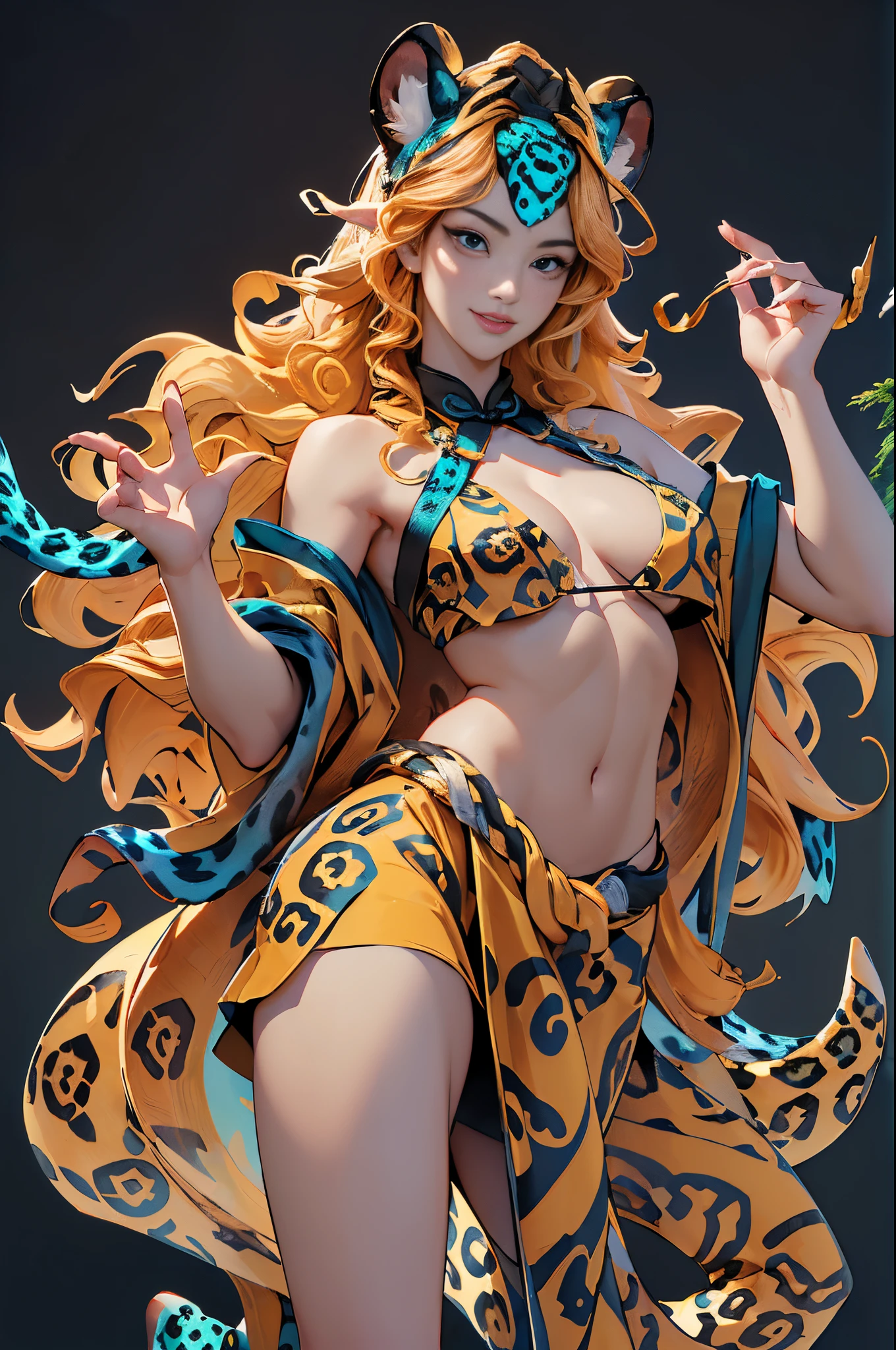 ((Sculpture design)),((full body portrait of person)),((undying)),((tmasterpiece)),(entire body image:1.6,Full body photo:1.6,From the feet to the top of the head:1.6),【Create a LOGO based on:(jungle spirit,Appear in female form,),(Goddess in Chinese mythology:1.5),(oda'jaguar behind me:1.6,complete jaguar:1.6),(Goddess Fan,A MILF,熟妇,mature,big chest and thin waist,long leges),(wildness),(Raised sexy),(charming woman),(Red long-haired:1.4),ear nipple ring,graceful stance,Dunhuang clothes,Dunhuang skirt,((Headdress symbolizing God))】,((Sexual suggestiveness)),(Computer graphic arts:1.4), (s fractal art: 1.2),(( 32K,A high resolution,hyper HD,)), (( Professional Quality,Perfect photography, ray traycing, perfect volumetric lighting, hight quality octane render, High quality vectors)), ((hyper-detailing:1.2,Complicated details:1.2)), ((ultra real photo,フォトリアリスティック,3 Rendering)),((epic image)),(Blind box toy style:1.6),((simple backgound,Deep dark background:1.2,with black background)),Detailed faces,詳細な目,Clean the skin,(correct hand:1.6),(Complete and beautiful five fingers:1.6),(Head and body proportion anatomical model:1.6),(Anatomically correct perspective and occlusion:1.5),(Correct anatomy:1.5),(Add a base:1.6),(Tangled waves and trees:1.6),(Character centered:1.4),(Warm color palette),