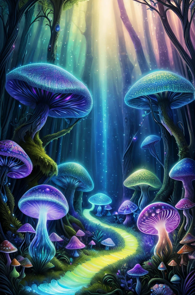 (Best quality at best, 8K, A high resolution, tmasterpiece:1.2), ultra - detailed, (actual, realistically:1.37), vibrant with colors, magical ambiance, Whimsical, ((by Louis Comfort Tiffany, Mycena chlorophos, Luminous mycelium, jelly fish, dreamy forest, moss , High - quality photo , hyperdetailed , misty , chiaroscuro , vines , vignette , bokeh , dreamy and enchanting atmosphere)), Surreal, Psychedelic, Complicated details, Beautiful texture, Ethereal, like a dream, Soft glowing light, Charming Patterns, fantastical creature, Hidden surprises, dreamlike landscapes, Surreal color palette, Mystic aura, ultra-realistic realism, Enchanting journey, psychedelic trip, vivid imagination, immersive experience, mysterious creature, otherworldly charm, glowing paths, Light up magic mushrooms, surreal environment, Whimsical scenes, a magical encounter,Fascinating artwork