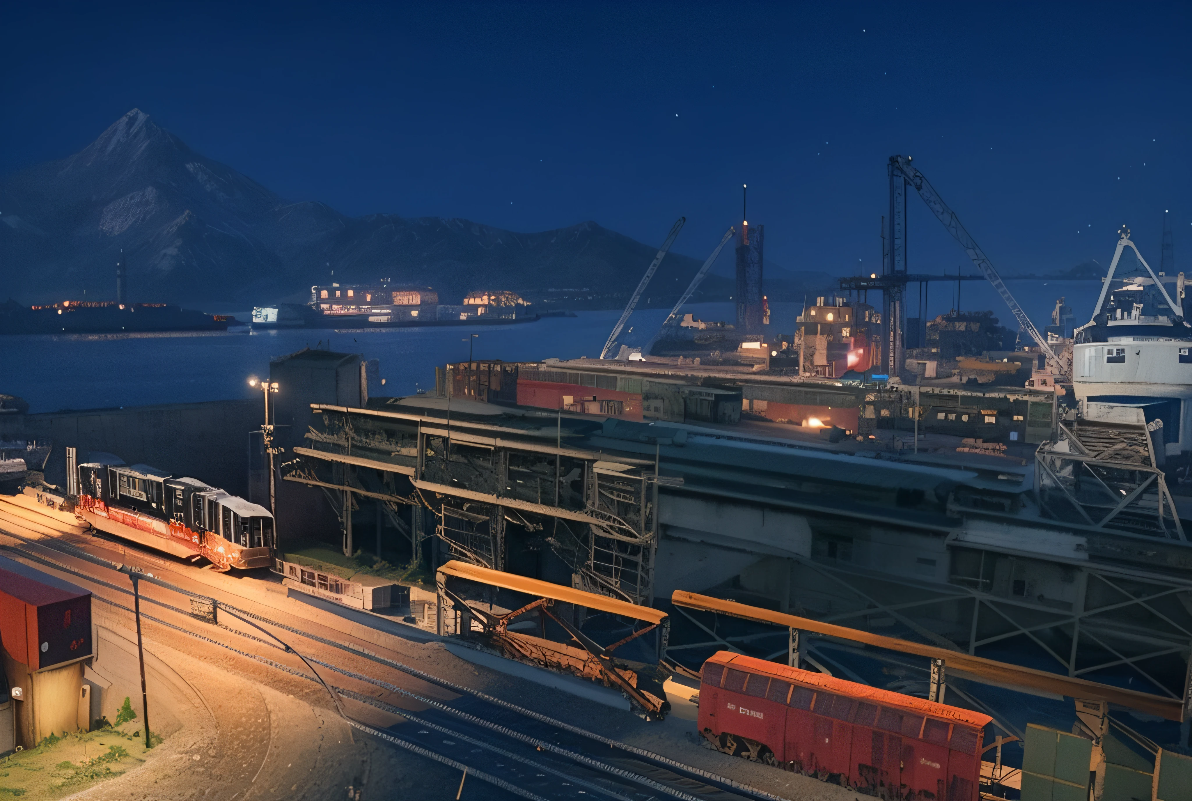 There is a train on the tracks near the port, In a sci-fi shipping port, shipping terminal, highly detailed scenario, trading post, shipyard, soviet courtyard, Mining outposts, immensely detailed scene, port scene background, Nice screenshot, Looking at the spaceship on the pier, Docked at the port, port, city docks, industrial setting, Victoria Harbor at night