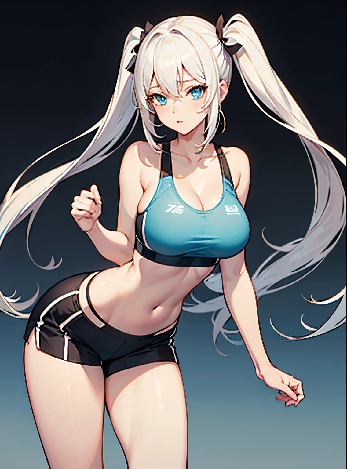 1 anime girl, solo, anatomically correct, supermodel, beautiful girl, light white hair, cyan colour hair, long hair, twintail hair, beautiful blue eyes, highly detailed face illustration, large sized breasts, hourglass figure, juicy thighs, wearing sports bra, cleavage, sexy sport shorts, very short shorts, sexy pose, 8k, best quality