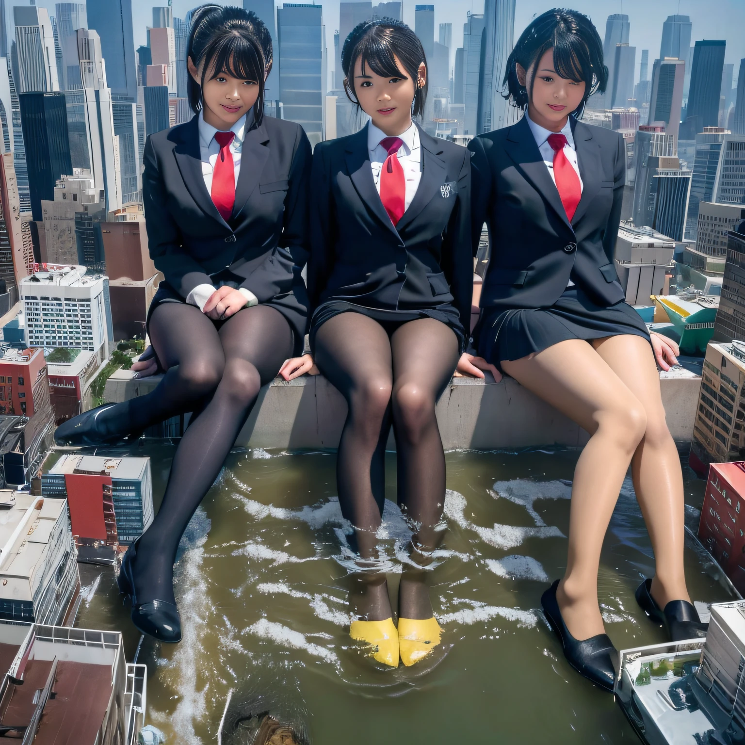 Multiple girls, giantess art, a hyperrealistic schoolgirl, , highly detailed giantess shot, der riese, Shorthair, Black pantyhose, Giant high school girl much bigger than a skyscraper。Wearing rimless glasses。Colossal tits。Navy blue blazer、Red tie、Mini Length Skirt、Black pantyhose、I'm not wearing shoes.。very small metropolis。miniature metropolis。In a miniature metropolis just a few feet tall.、squatting and urinating。Urine that comes out forcefully。torrent of urine。The city sinks into a sea of urine。Small trains and cars are washed away with urine.。Full body depiction。nffsw, der riese, Black pantyhose, Pantyhose legs, Pantyhose feet, ,Stomping City,crash city,Small town,micro city, Peeing,