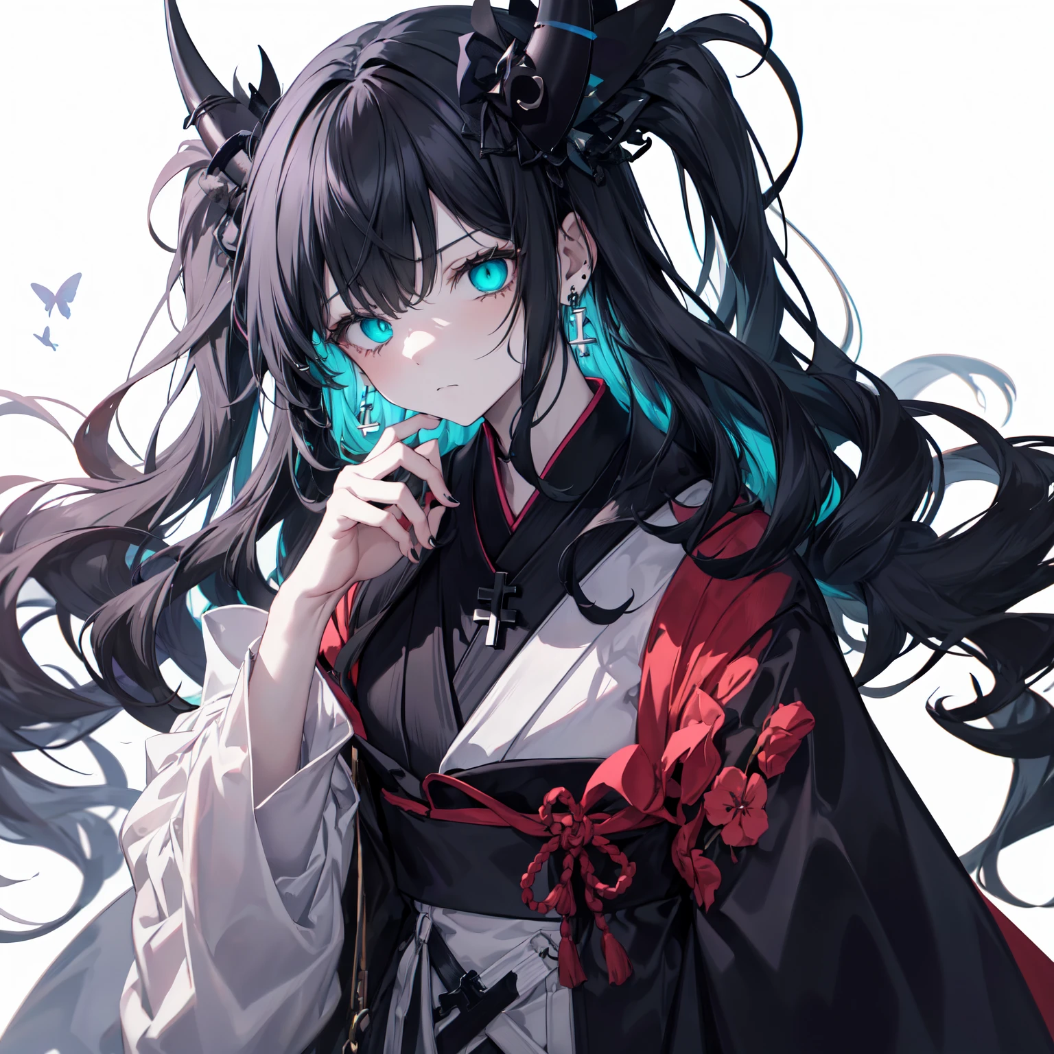 (masterpiece, absurdres, a high resolution, hyper-detailing, hdr, highres, best quality, high quality, 8k, beautiful lighting, ultra_detailed, highres, highest quality, beautiful, cute, digital art:1.2), (amazing details, detailed hair, detailed eyes:1.25), (perfect eyes, even eyes:1.4), (an anime drawing of a girl, anime styled, anime:1.1), a women holding a plate with a piece of cake, looking at viewer, 1girl, girl, (solo:1.3), anime girl with black and white devil horns, (long wavy crazy hair:1.8), (white flower hair ornament with black leaf:1.1), ((rectangle earrings)), ((white cross necklace)), (bangs), (swepted angs:1.4), wispy bangs, frilled bangs, head, [17-year-old anime], (devil, demon, demon girl, pink wings), (gothic!!, gloomy style, pastel goth, creepy kawaii, goth girl, neon goth, emo girl, goth girl, aesthetic cute with flutter:1.6), [in style of cytus and deemo], (half body adaptable:1.99), (black hair color:1.99), (cyan eyes:1.45), marked face, (black kimono:1.2), long dress, pale skin, (emotionless:1.2), white leggings, black and white thonged Japanese sandals, (ribbons: 0.1), (medium breasts:1.1), thin body, [butterflies], black color scheme, [mouth], (white background:1.8)