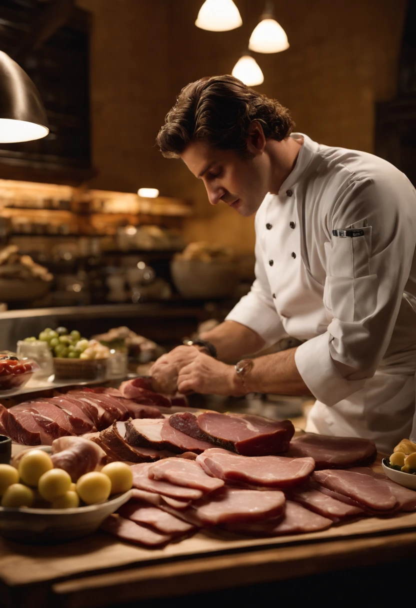 A photo of Carmy meticulously arranging a selection of premium deli meats on a wooden charcuterie board,The Bear,Carmen “Carmy” Berzatto, portrayed by actor Jeremy Allen White, is a young chef with a lean and agile build, reflecting his bustling energy in the kitchen. He has a rugged, somewhat weary appearance, with short, tousled dark hair and intense, expressive eyes that often convey the weight of his personal and professional pressures. Carmy’s typical attire in “The Bear” includes a white chef’s coat or a simple t-shirt., male