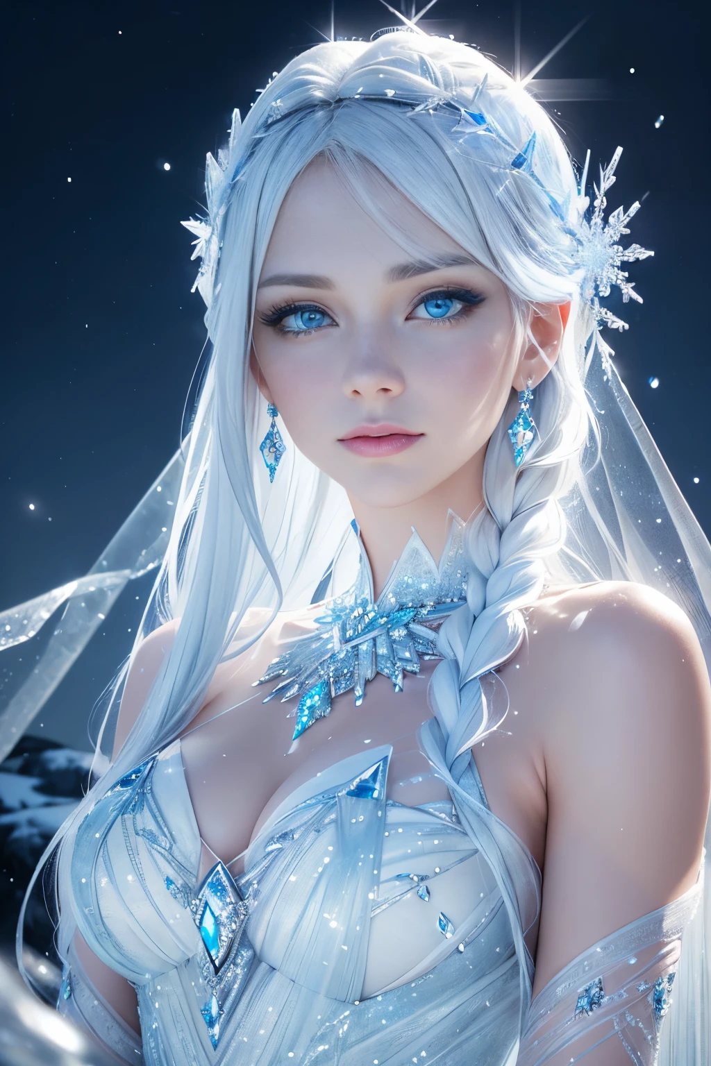 (best quality, 4k, 8k, high resolution, masterpiece: 1.2), ultra detailed, (realistic, photorealistic, photorealistic: 1.37), icy ice goddess, crystal skin, icy blue eyes, flowing silver hair, diaphanous dress made of ice shards, delicate frost patterns on the skin, ethereal beauty, supernatural aura, elegant frozen pose, magical ice crystals surrounding her, powerful yet serene expression, sparkling icicles in the background, subtle glow from within, the goddess of winter and Beauty, fascinating and captivating presence, blue-white color palette, ethereal and dreamy lighting, sparkling ice particles in the air.