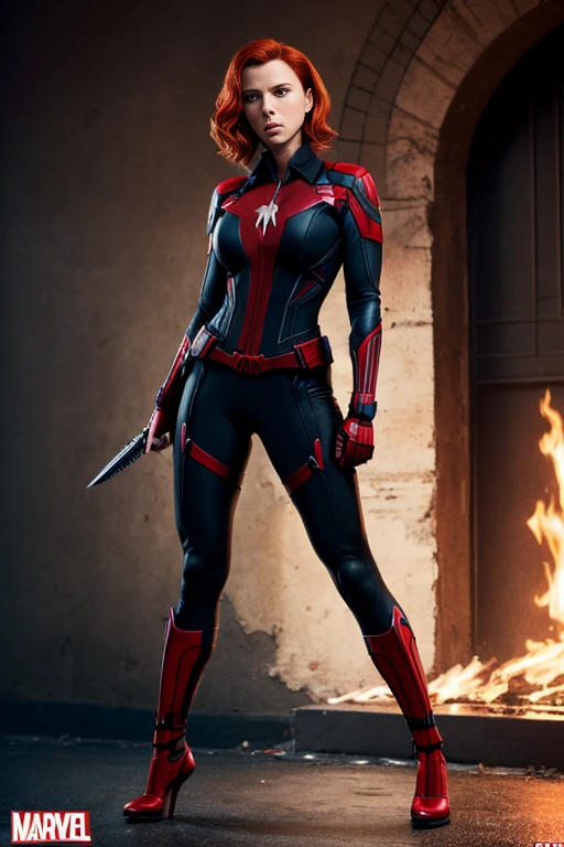 4k highly detailed realistic black widow from Marvel comics, red short undercut bob hairstyle, ((sharp Jawline)), (full body Including Legs), Seduction and fantastic poses