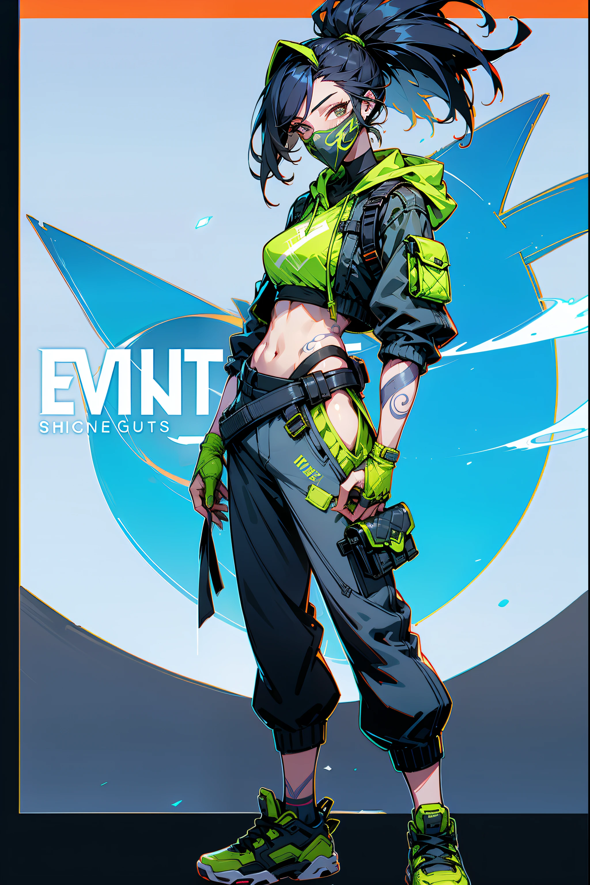 doom \(league of legend\), 1girl Akali, looking at viewert, league of legend, climaxing, Stood up, arm tattoos, 1 girl , tying hair , black color hair, hair between eye, Trendy wind, With long bangs, Long gray hair, (Masked one:1.2), ninjartist, pony tails, waist bag, Tattoos are, mediuml breasts, lookingat_Shown in_peeking at the viewer, short_the hair, mitts, navel, fail, blue_There are eyes, everlasting, full_body, arma, footwear, collars, Black_mitts, septum, hooded, the hair_exceed_Yoon_There are eyes, guns, cropper_top, hoody, Black_trouser, athletic sneakers, fail_guns, hand gun, cropped_jaket, Ed_Shown in_pocket, cyber punk personage, cropped_hoody