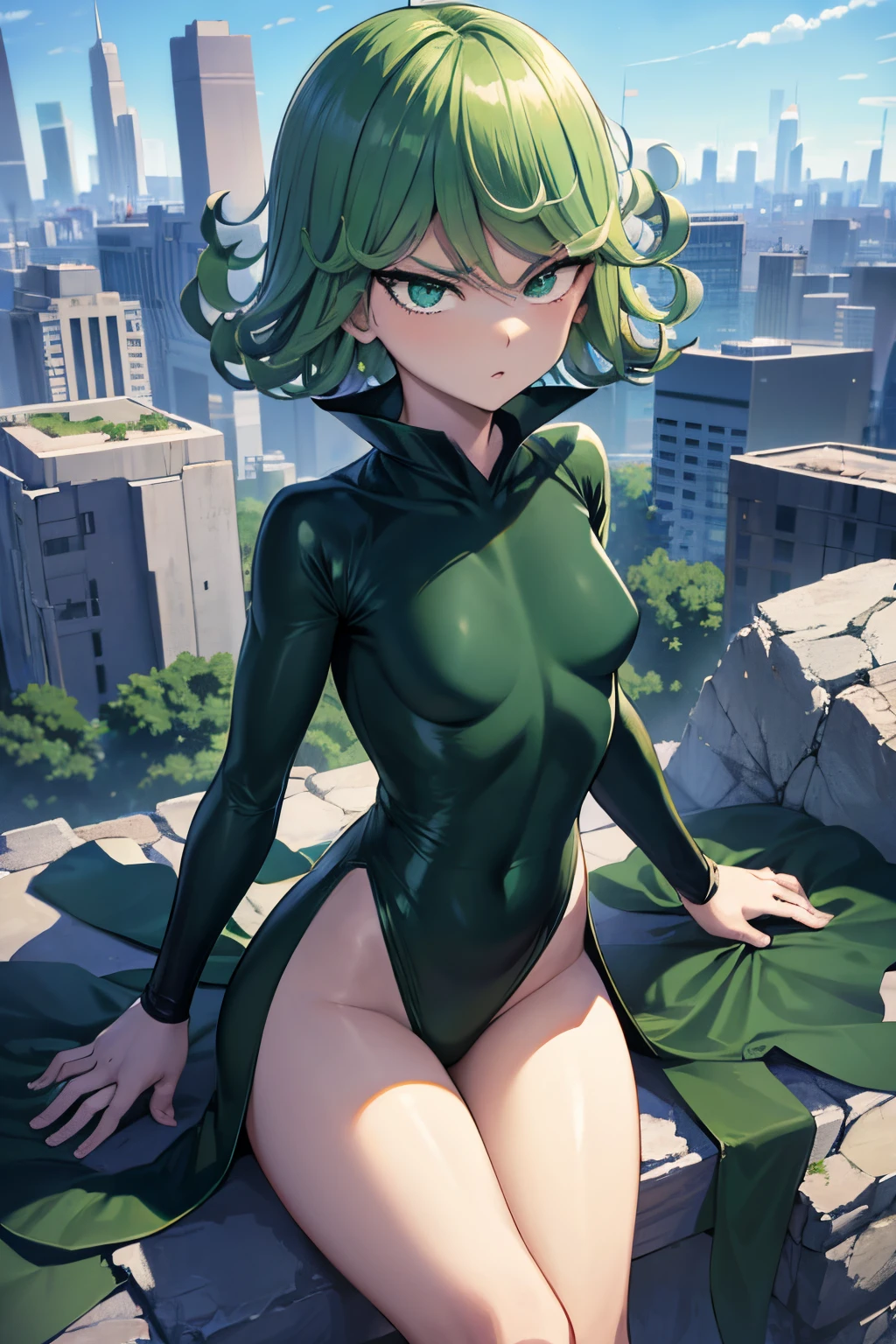 1girl, alone, Tatsumaki One Punch Man floating over a city, Anime girl, short hair, green hair, green eyes, Tatsumaki black outfit, Tatsumaki (One Punch Man) Clothing style, Black clothing, Damaged clothing , Torn clothes, damaged skin, skin scratches, Detailed clothes, detailed eyes, Detailed lips, Arms crossed, serious face, serious eyes, green color anime aura around him, Big aura, very small chest, medium thighs, small body, medium waist, wide hips,1 girl, bright green eyes, small flying rocks floating with her, round and square shape rocks, City Background, Sky Background, View from above, Bokeh, 4K Masterpiece, HDR , Anime art style, One Punch Man art style, sharp colors, vivid colors, green particles