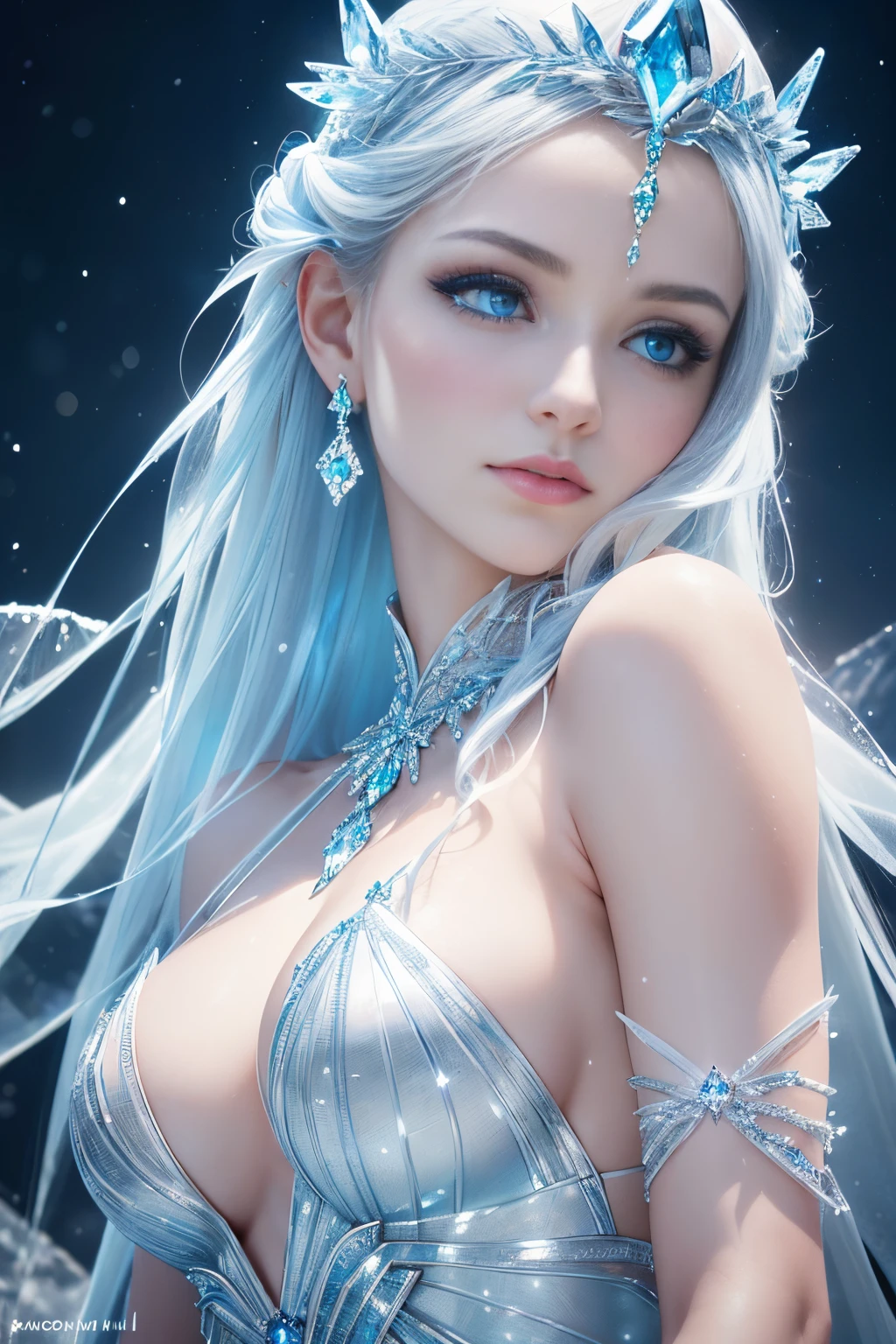 (best quality, 4k, 8k, high resolution, masterpiece: 1.2), ultra detailed, (realistic, photorealistic, photorealistic: 1.37), icy ice goddess, crystal skin, icy blue eyes, flowing silver hair, diaphanous dress made of ice shards, delicate frost patterns on the skin, ethereal beauty, supernatural aura, elegant frozen pose, magical ice crystals surrounding her, powerful yet serene expression, sparkling icicles in the background, subtle glow from within, the goddess of winter and Beauty, fascinating and captivating presence, blue-white color palette, ethereal and dreamy lighting, sparkling ice particles in the air.