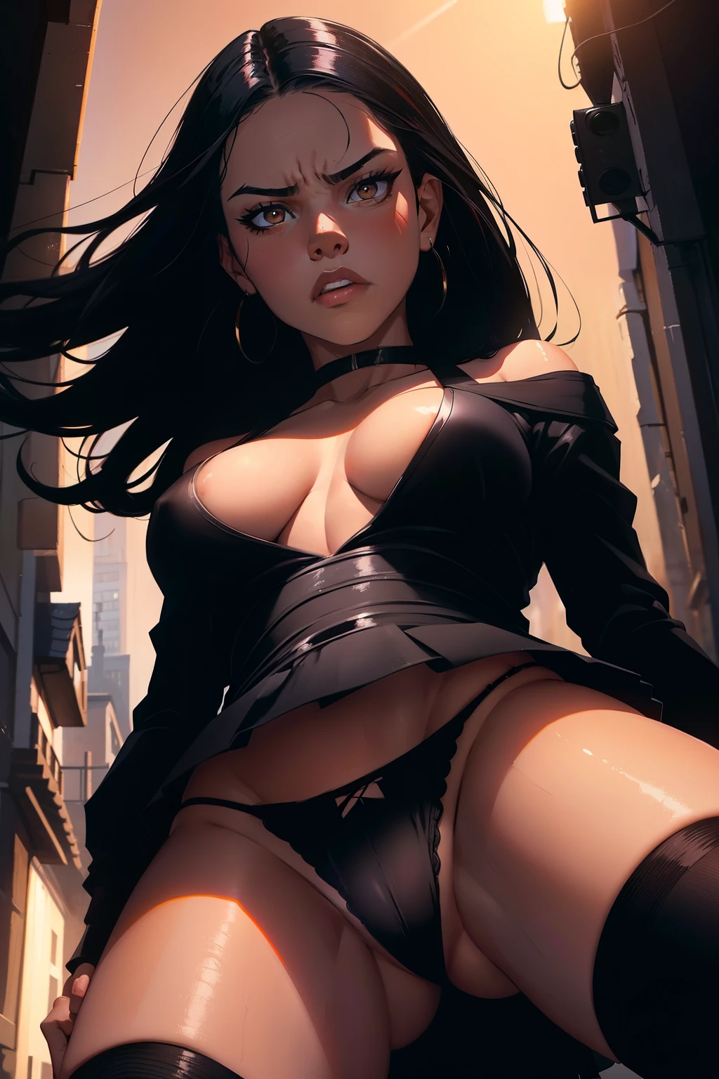 black hair, black dress, thin white panties, Jenna Ortega face, hands up, upskirt, from below, angry face, look at camera, in street, oil painting, ultra-detailed, realistic:1.37, vivid colors, professional lighting, portraits, dark colors, soft lighting
