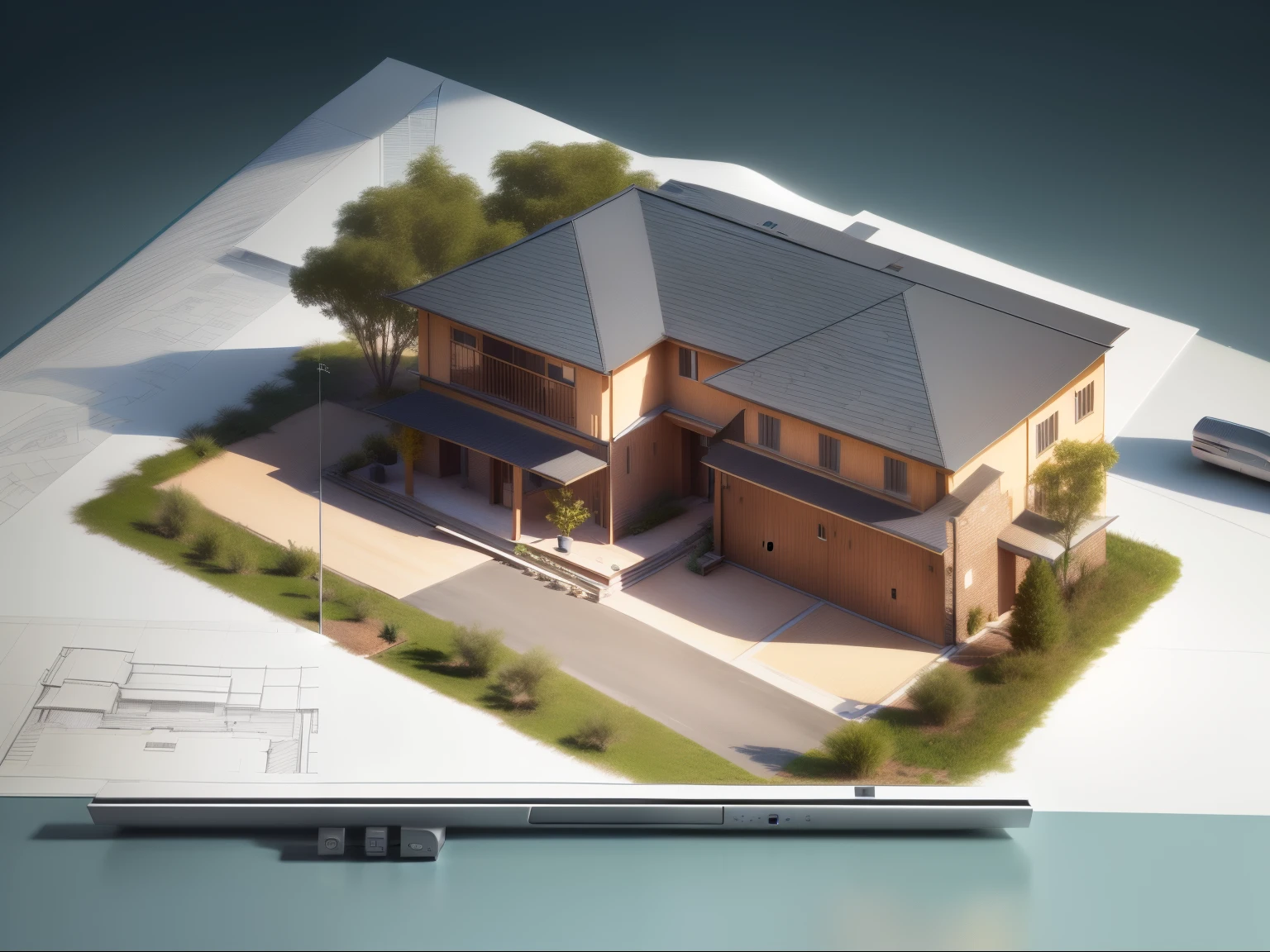 a close up of a computer screen showing a drawing of a house, 3/4 view realistic, 3 d rendering, 3d rendering, 3 d perspective, 2 d overhead view, isometric view!!!!, 3 - d render, orthographic 3d rendering, zoomed out view, 2d side view, sketch - up, pre-rendered