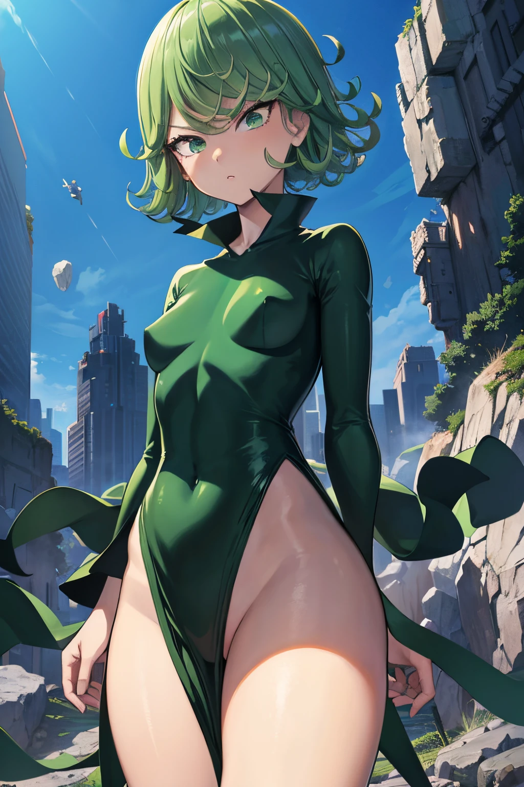 1girl, alone, Tatsumaki One Punch Man floating over a city, Anime girl, short hair, green hair, green eyes, Tatsumaki black outfit, Tatsumaki (One Punch Man) Clothing style, Black clothing, Damaged clothing , Torn clothes, damaged skin, skin scratches, Detailed clothes, detailed eyes, Detailed lips, Arms crossed, serious face, serious eyes, green color anime aura around him, Big aura, very small chest, medium thighs, small body, medium waist, wide hips,1 girl, bright green eyes, small flying rocks floating with her, round and square shape rocks, City Background, Sky Background, View from above, Bokeh, 4K Masterpiece, HDR , Anime art style, One Punch Man art style, sharp colors, vivid colors, green particles