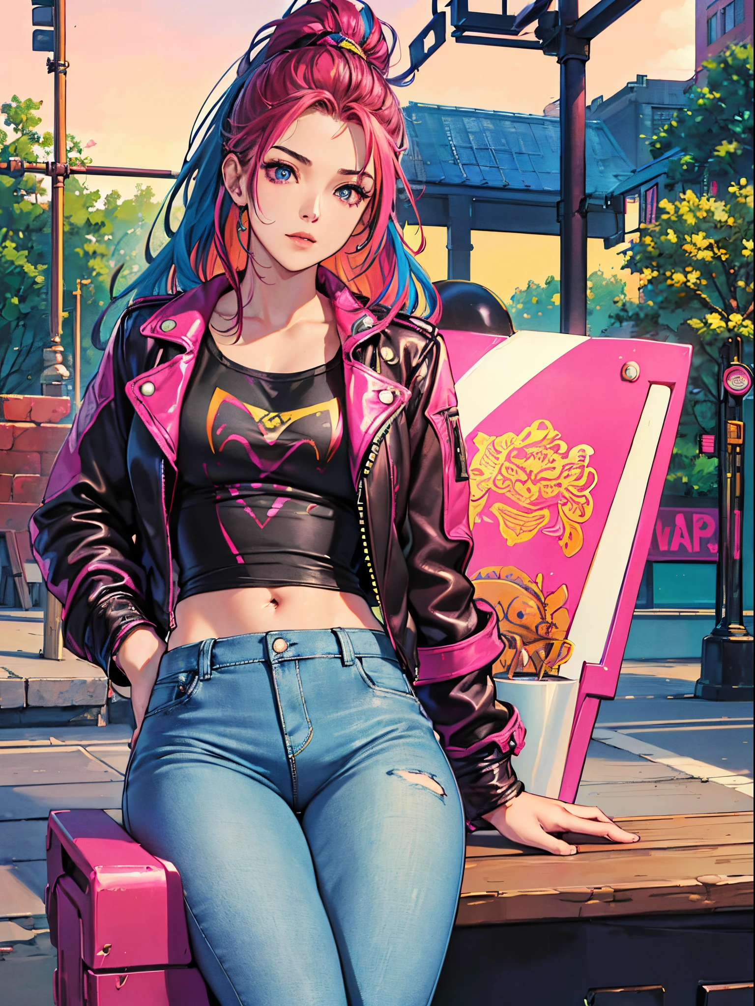 magenta tone、Vibrant colors、((masterpiece)))、(((top-quality)))、((ultra-detailliert))、(A hyper-realistic)、(highly detailed CGillustration)、Official art、CD cover、urban art district、It will be、Mid summer、Stylish、glorious 1980s、Cool Beauty、cochetti gorgeous、matchless beauty、multicolored hair、Rock 'n' Roller、leather jackets、Tight jeans、Female Solo、Perfect Angle、perfect-composition、