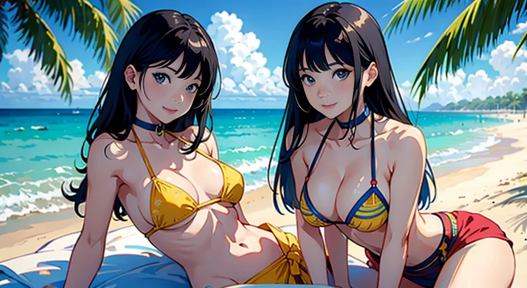 ​masterpiece、top-quality、超A high resolution、 [ 4 k digital art ]!!、 8k high quality detailed art、Wallpaper、 Detailed Digital Anime Art、Realisticity、Cinema Angle、hposing Gravure Idol、((Two beautiful girls))、cute  face、 ((Detailed depiction of a beautiful face))、kindly smile、年轻、Bikini swimwear、Photorealistic perfect body、(Bold ethnic patterns wrapped around the waist and skirt and plenty of primary colors)、light Particle、llight rays、Tropical、Against the background of palm trees、beach side、on a sunny beach、Against the background of the sea、blur backgroun、