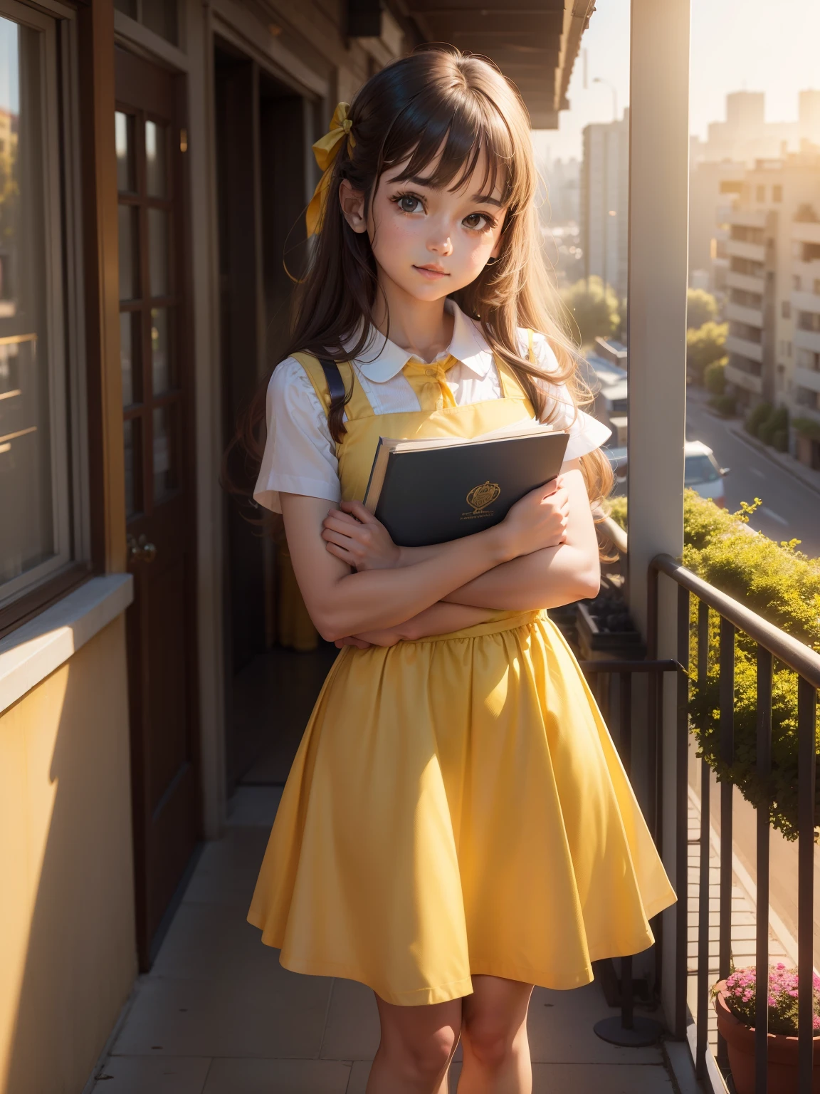 A cute girl standing on a balcony wearing a yellow school dress with a book in her arms, cute, evening sun shining on her, lookalike, look alike, realistic