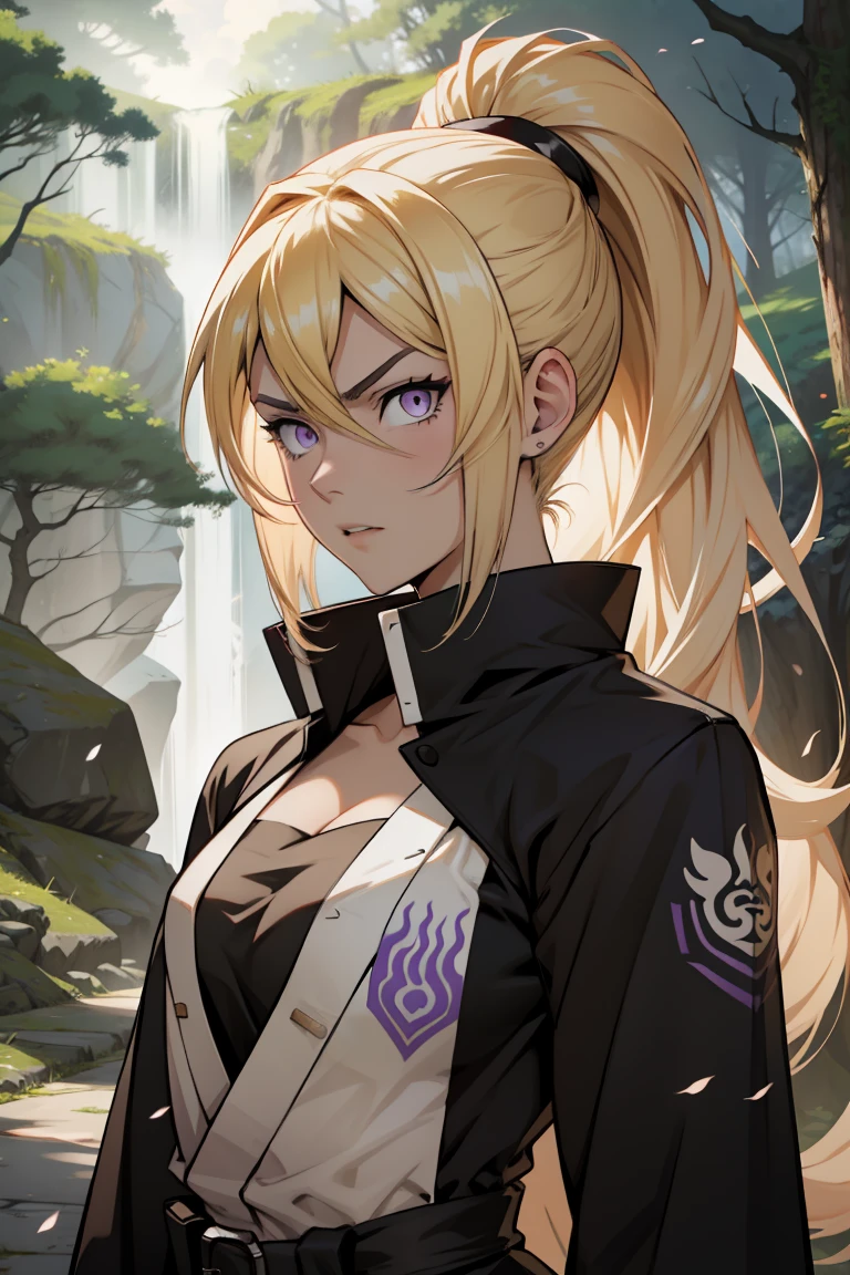 create for me please an anime artwork style hd 8k resolution a female japanese protagonist character inspired by the naruto art style. she is a woman who has blond long hair in a high ponytail, she has purple, fierce and intense eyes and a confident expression on her face. she wears a black mid dress, with a coat that is purple inside and white on the outside, she is posing heroicaly in a green forest with huge trees