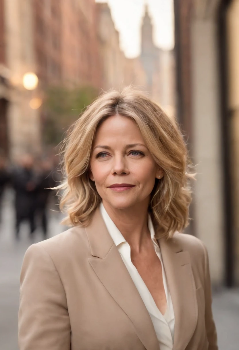 Create a realistic portrait of Meg Ryan, Un enthousiasme contagieux et une vraie joie de vivre, chaud, natural lighting that highlights the characteristics of the subject and brings out the warmth in its expression, Photo du personnage entier se promenant dans les rues de New York, mini jupe et top transparent