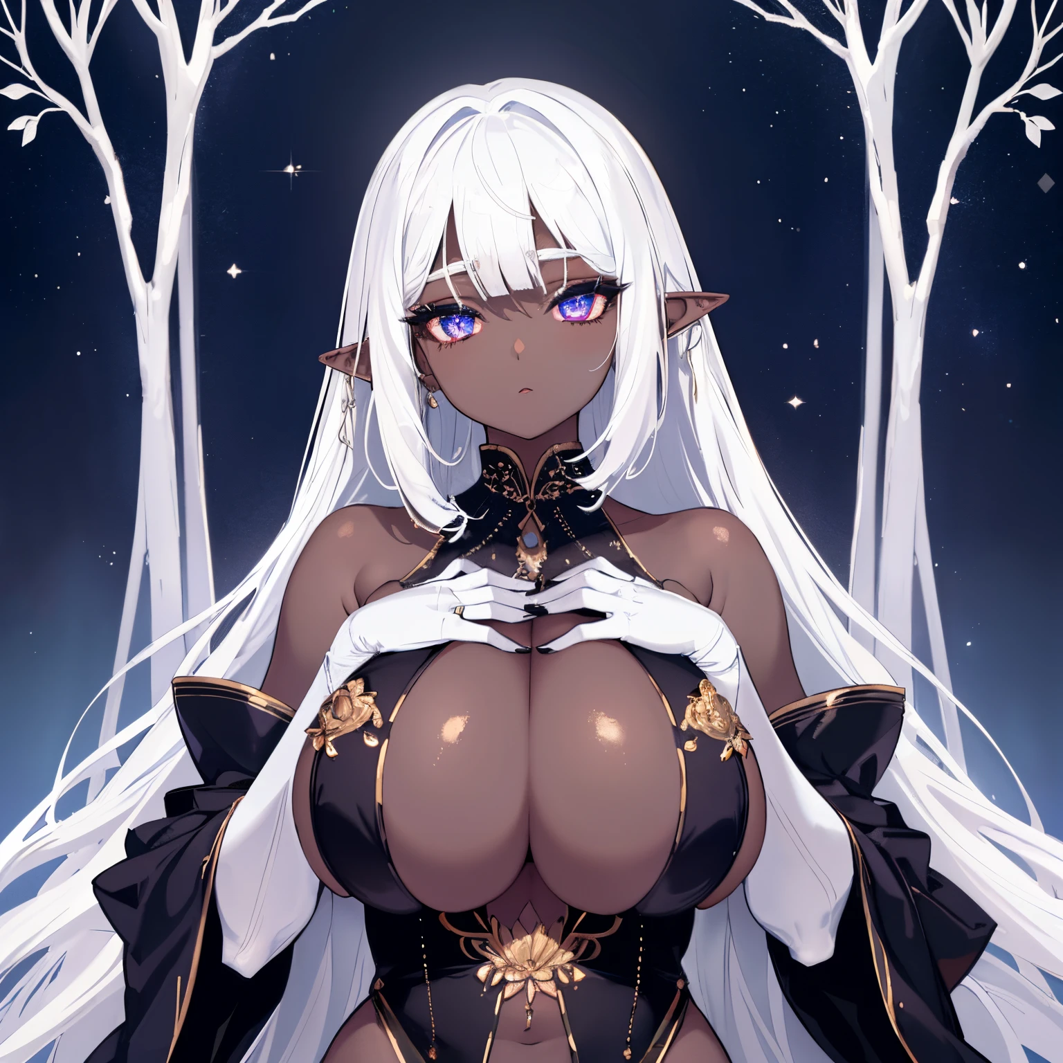 1 girl Big dark-skinned elf, white hair, hot figure, big beauty, delicate and beautiful face, full body portrait, big eyes, beautiful face, big, transparent tulle, sexy and alluring, plump body, hands on chest, perfect body proportions