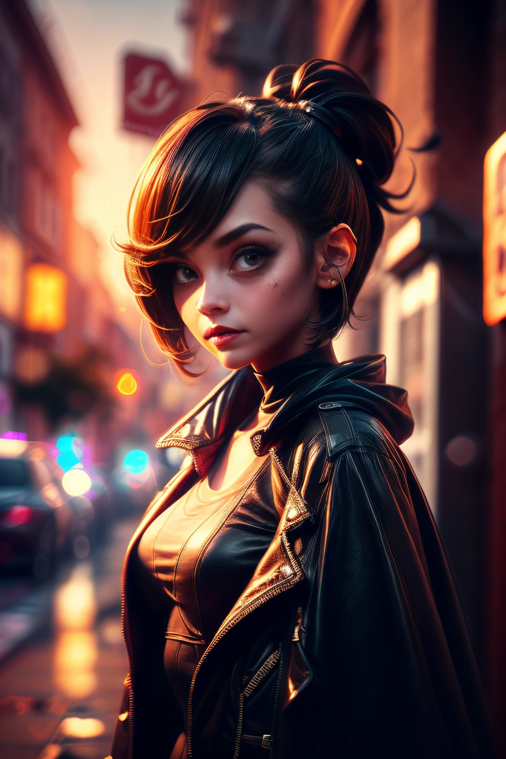 A single beautiful girl with a black cloak, walking through an empty street in style. Her hair is dark brown and cut into a short, messy pixie cut. She has large entirely-black eyes!!!. She's wearing a futuristic gothic jacket, (((face portrait)))