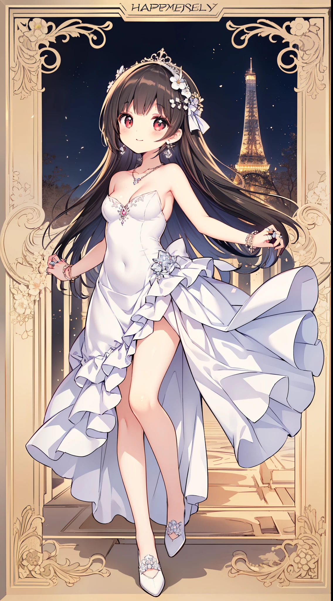 ((masterpiece quality)), (1 girl), Nardack lora, honeymoon in paris, (gentle housewife, girl, full body, depth of view, petite and short figure girl, cute and little girl, perfect woman, medium cleavage, mature aura:1.5), (masterpiece, best quality, HD Pictures, 4K:1.1), outdoor, very long hair, bangs, gentle look, gentle smile, gentle eyes, mature looking, pinkish cheeks, very detailed eyes, very detailed pupils, very detailed ridiculously long black hair, detailed face, detailed ruby red eyes, full body, look up to viewer, detailed long black hair, (honeymoon in eifel tower, happy gentle face, warm smile, wearing beautiful and elegant ball gown engagement ring on the left hand ring finger, beautiful elegant necklace on the collarbone, simple but elegant earings, floral head accessories, blushing red cheeks:1.3), (gentle smile and gentle look towards viewer, both arms opened, arms reaching for viewer:1.4)