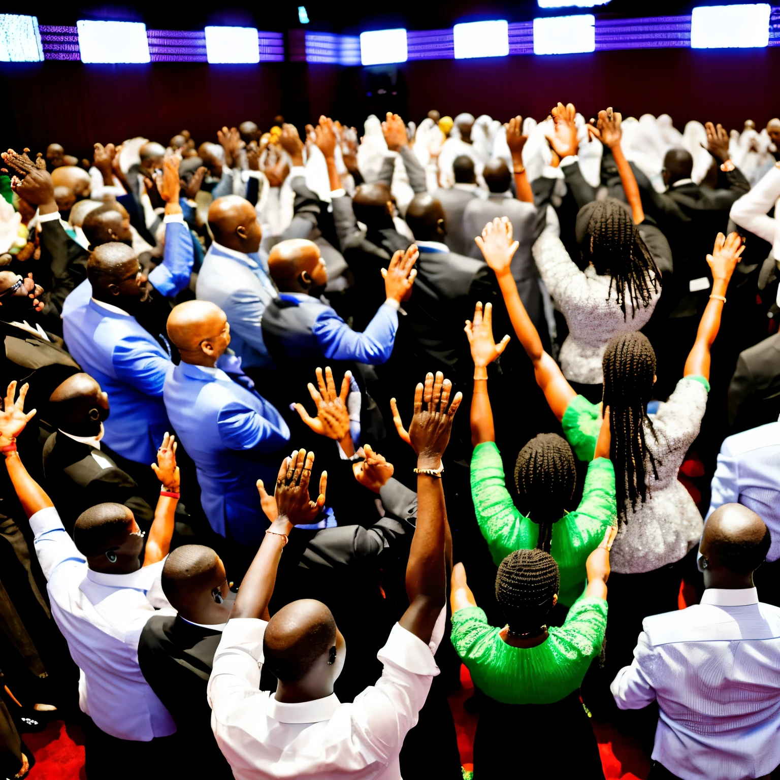Image of African man and woman pastors preaching to congregation, congregation praising God standing up and on the floor at the alter. Congregation mixed races and waving hands