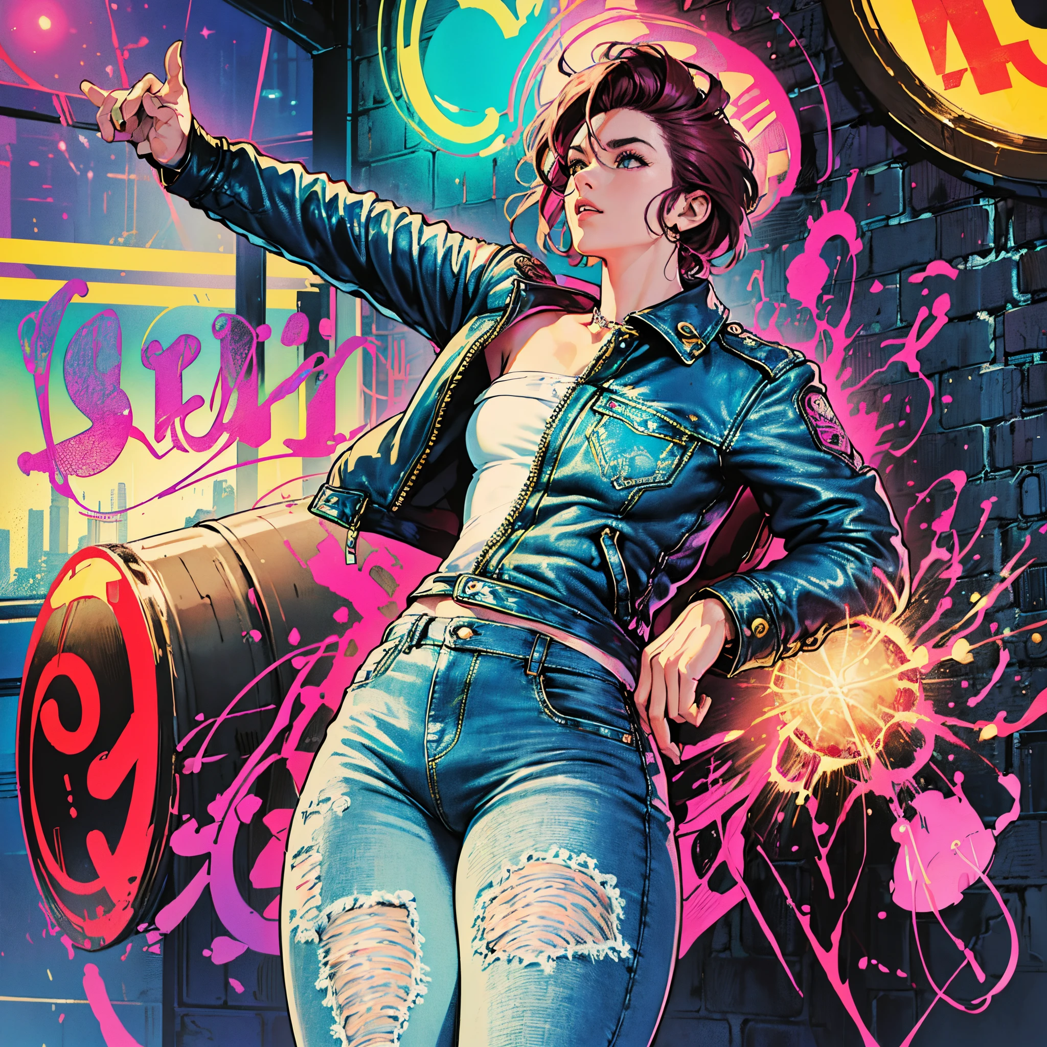 magenta tone、Vibrant colors、((masterpiece)))、(((top-quality)))、((ultra-detailliert))、(A hyper-realistic)、(highly detailed CGillustration)、Official art、CD cover、urban art district、It will be、Mid summer、Stylish、glorious 1980s、Cool Beauty、cochetti gorgeous、matchless beauty、multicolored hair、Rock 'n' Roller、leather jackets、Tight jeans、Female Solo、Perfect Angle、perfect-composition、