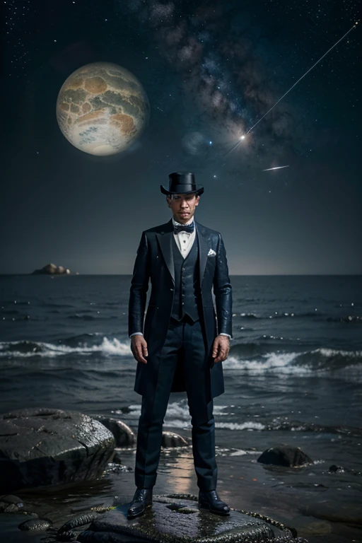 blurred image of a man in a top hat and coat standing on a rocky surface with planets in the background, Beeple e Jean Giraud, The Magician, epic mysterious surrealism, science fantasy painting, inspirado em Mike Winkelmann, epic surrealism 8k oil painting, Magical surrealism, vestidos de estrelas e planetas, epic surrealism