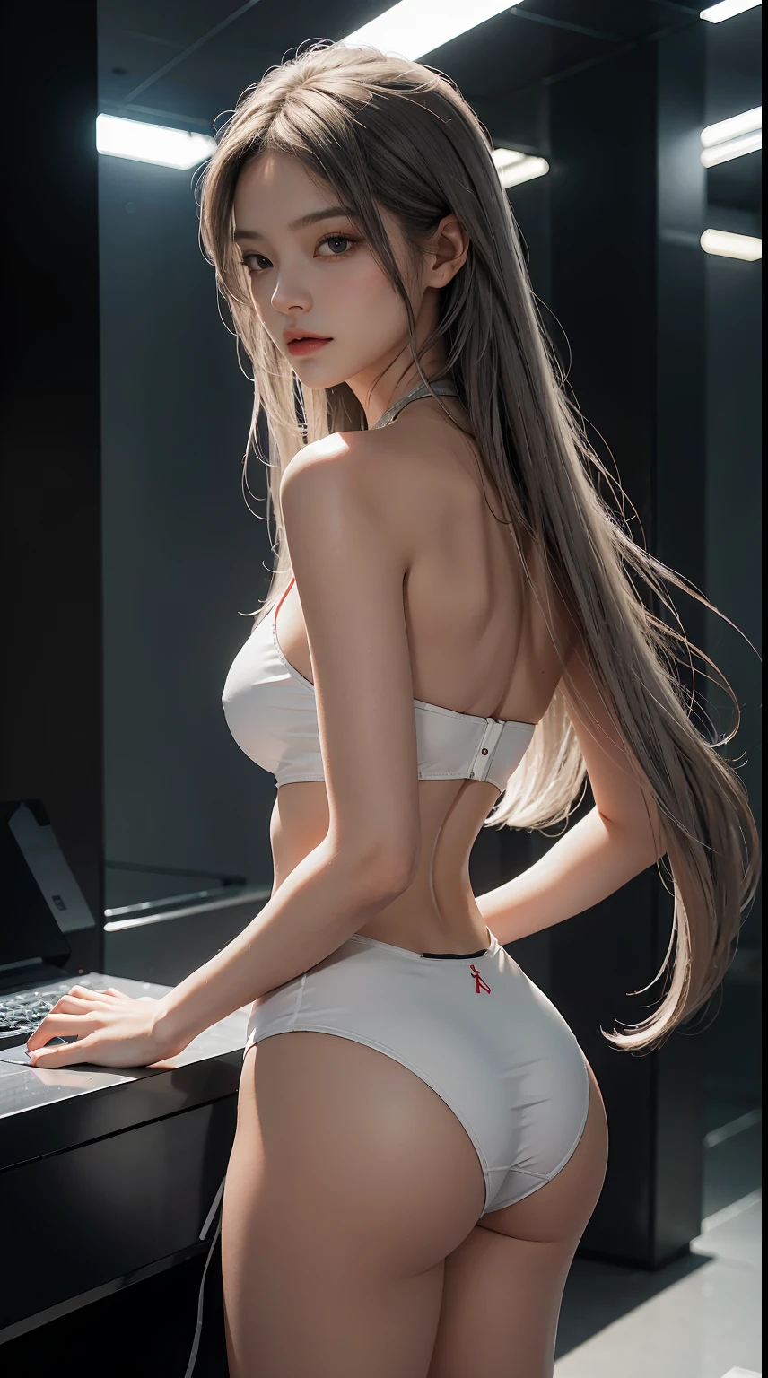 best images quality, Excellent details, 超高分辨率, (Endless realism: 1.4), Best Best Illustration, Loved the details, Material de vidro，cleanness，White transparent glass material，Highly concentrated 1girl, exquisite and beautiful face, Wearing a black and red tube top, Long gray hair, ldisheveled hair, wide ass, slalom, The background is a futuristic city high-tech lighting scene