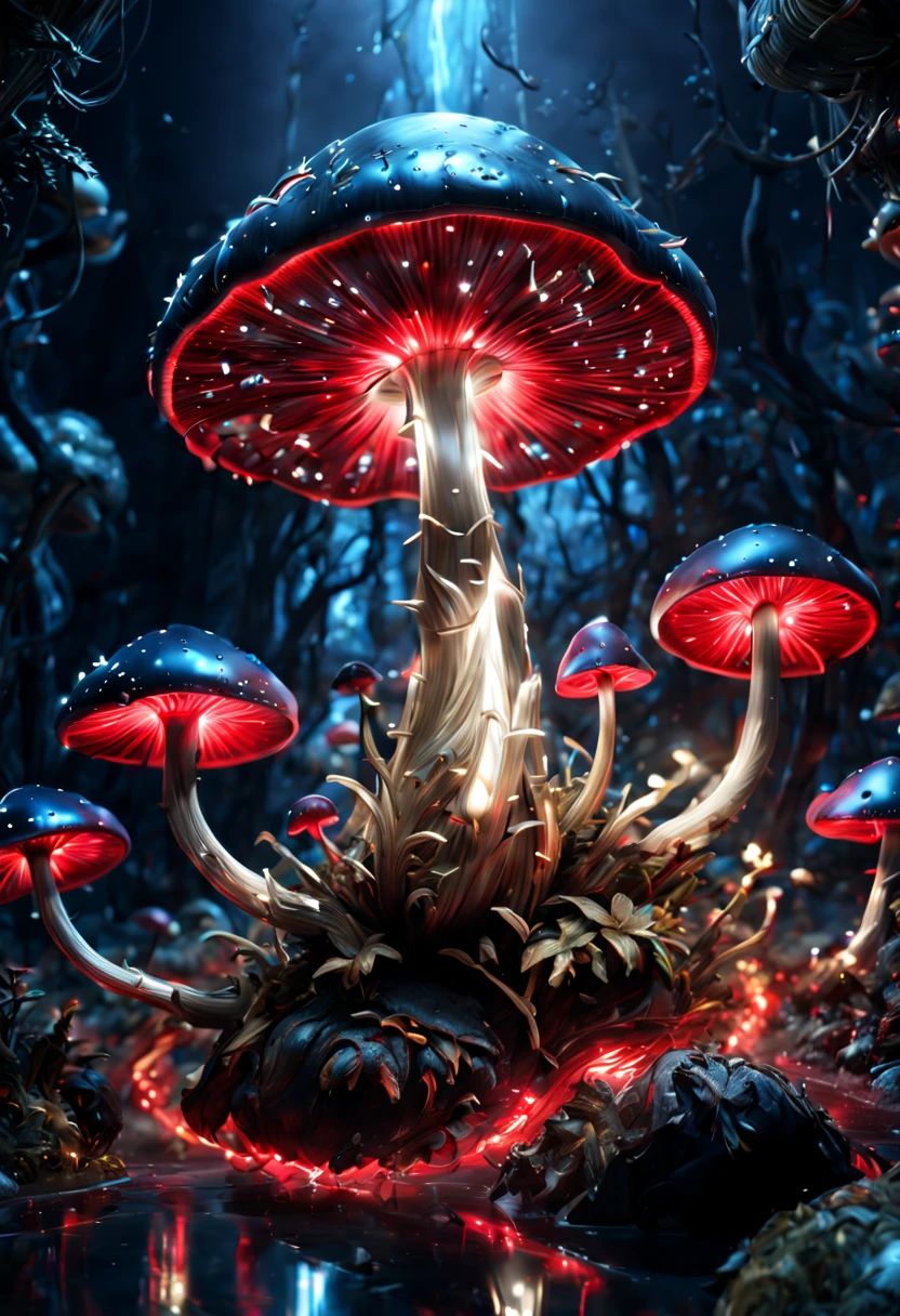 Bioluminescent Mushroom, Navy blue, scarlet red, silver, ivory, ultra-wide-angle, octane render, enhance, intricate, (best quality, masterpiece, Representative work, official art, Professional, unity 8k wallpaper:1.3)