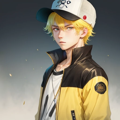 yellow haired anime boy wearing a hat with golden eyes