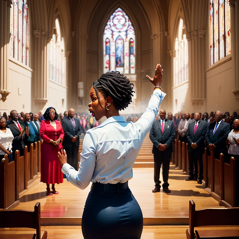 African American woman pastor preaching to congregation. Congregation at the alter crying some of the floor