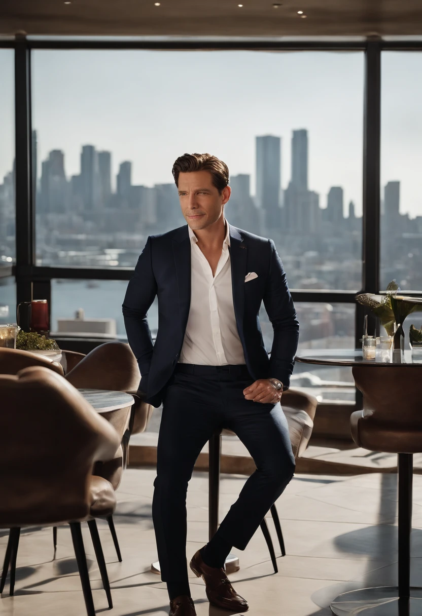 A photo of Roman at a high-end rooftop bar overlooking the city,original,Roman Roy, from the TV series “Succession,” often presents a disheveled yet stylish look, reflecting his mix of casual indifference and corporate lifestyle, typically seen in designer suits worn with a nonchalant flair. He has a boyish charm with a mischievous smile, adding to his persona as the family’s unpredictable and irreverent playboy. , male