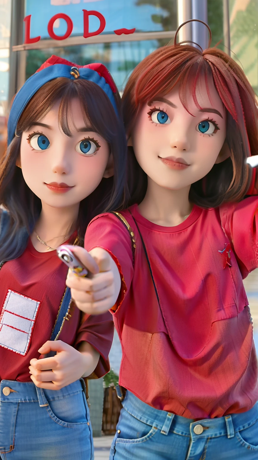 2 girls wear red colour shirt and blue jeans, 1 girl taking selfie another girl giving pose