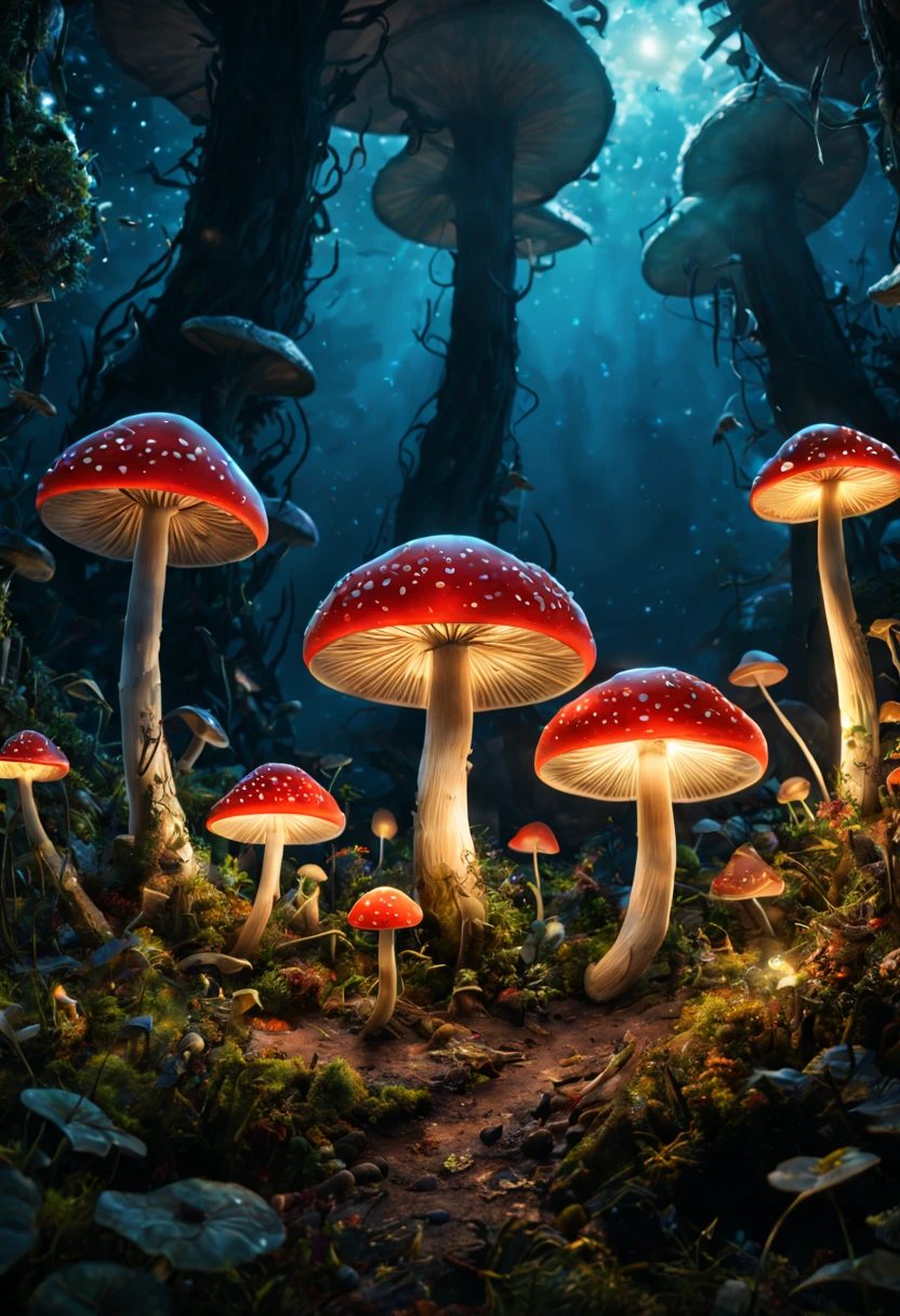 by Elsa Beskow, Bioluminescent Mushroom, ultra-wide-angle, Enhance, intricate, (best quality, masterpiece, Representative work, official art, Professional, unity 8k wallpaper:1.3)
