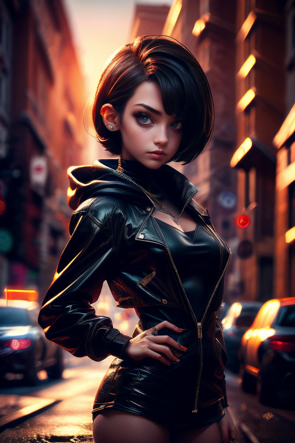 A single beautiful girl with a black cloak, face portrait, empty street . Her hair is dark brown and cut into a short, messy pixie cut. She has large entirely-black eyes!!!. She's wearing a futuristic gothic jacket, (((face portrait)))