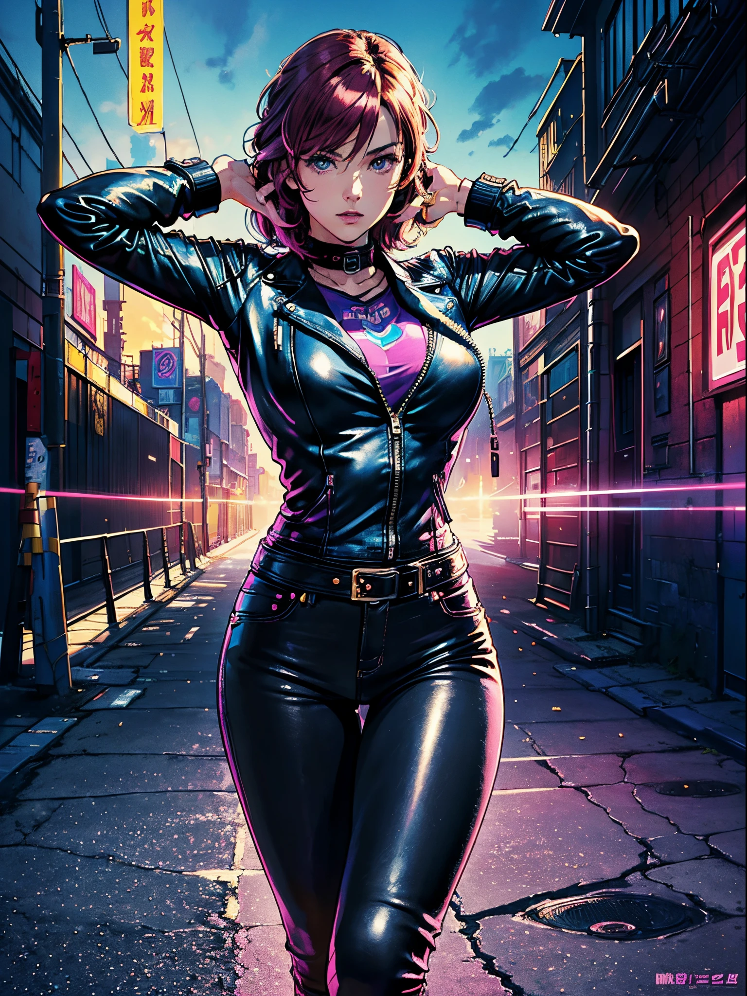 magenta tone、Vibrant colors、((masterpiece)))、(((top-quality)))、((ultra-detailliert))、(A hyper-realistic)、(highly detailed CGillustration)、Official art、CD cover、urban art district、It will be、Mid summer、Stylish、glorious 1980s、Cool Beauty、cochetti gorgeous、matchless beauty、multicolored hair、Rock 'n' Roller、leather jackets、Tight black jeans、Female Solo、Perfect Angle、perfect-composition、