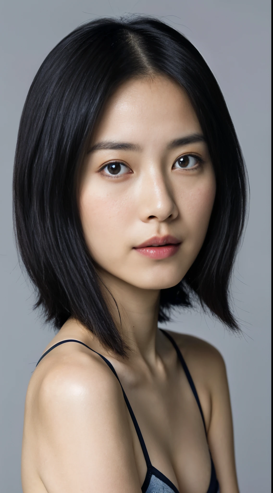 japanes, Single eyelid, Slender eyes, Ephemeral atmosphere, 30 year old petite girl, Black Hair Bob Hair, ((thin lipss)), Light blue underwear, masutepiece, Best Quality, Detailed skin, Detailed eyes, ,8K, Good anatomy, Full body portrait