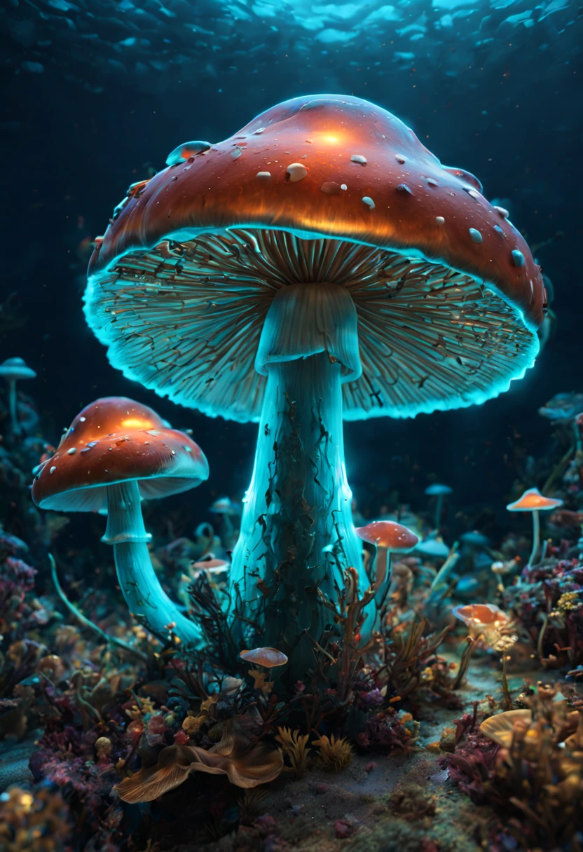 Bioluminescent Mushroom, jellyfish, blacklight, undersea, ultra-wide-angle, octane render, Enhance, intricate, (best quality, masterpiece, Representative work, official art, Professional, unity 8k wallpaper:1.3)