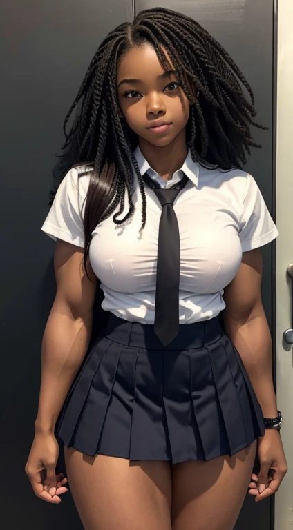  school african black girl, super strong bursting muscles, large strong biceps, large hips, hard strong abs, huge breasts, hyper muscular, japanese school tie uniform