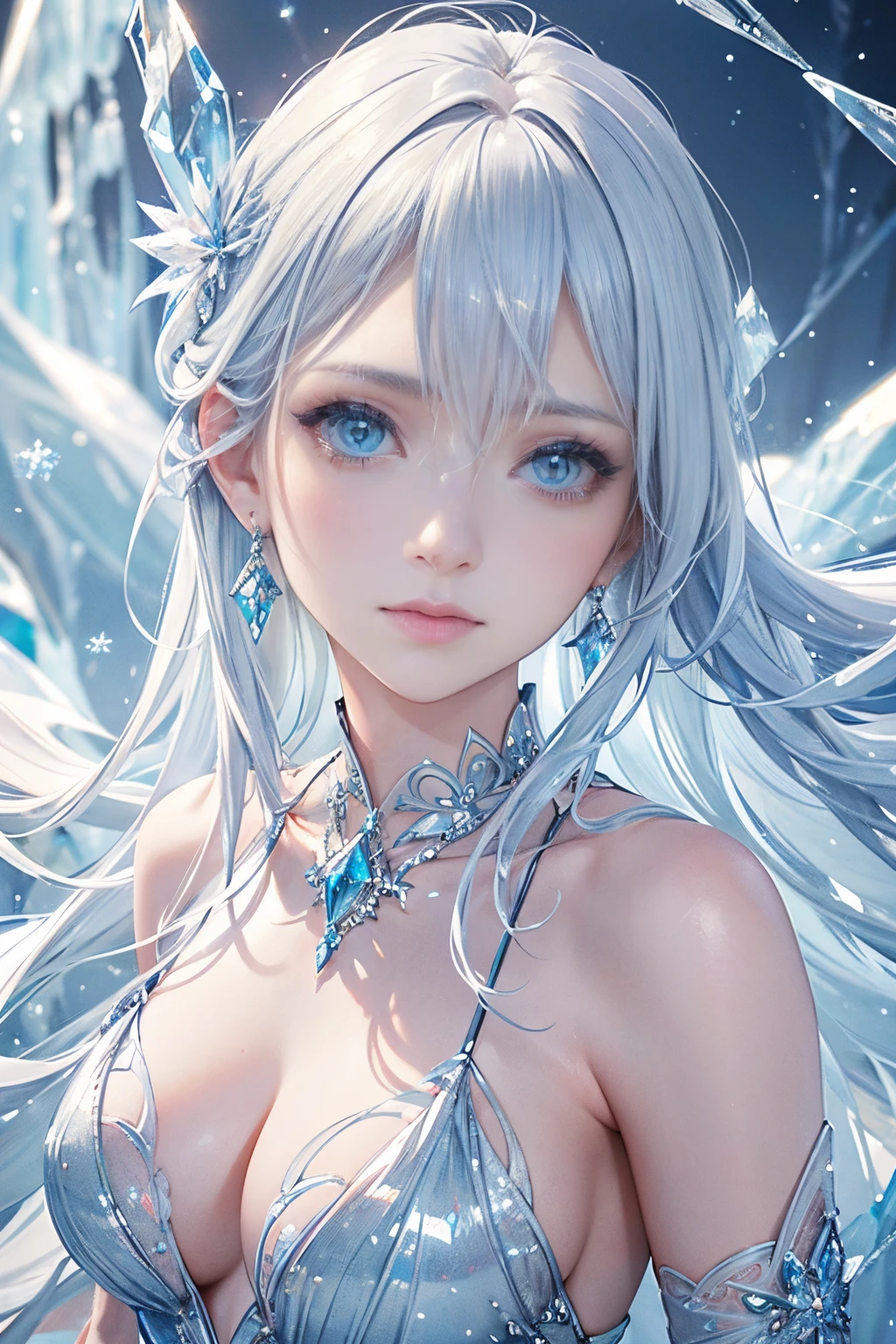 (best quality, 4k, 8k, high resolution, masterpiece: 1.2), ultra detailed, (realistic, photorealistic, photorealistic: 1.37), icy ice goddess, crystal skin, icy blue eyes, flowing silver hair, diaphanous dress made of ice shards, delicate frost patterns on the skin, ethereal beauty, supernatural aura, elegant frozen pose, magical ice crystals surrounding her, powerful yet serene expression, sparkling icicles in the background, subtle glow from within, the goddess of winter and Beauty, fascinating and captivating presence, blue-white color palette, ethereal and dreamy lighting, sparkling ice particles in the air.
