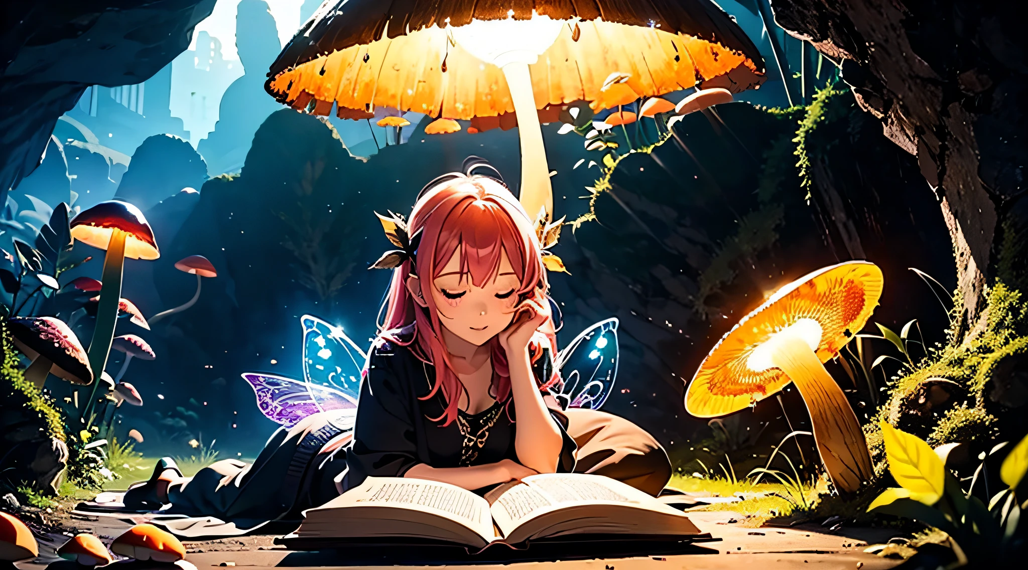 best composition、masutepiece、Fairy reading a book under a glow-in-the-dark mushroom in a cave、Photorealsitic、The ultra -The high-definition、Luminous mushrooms、colorful luminous mushrooms