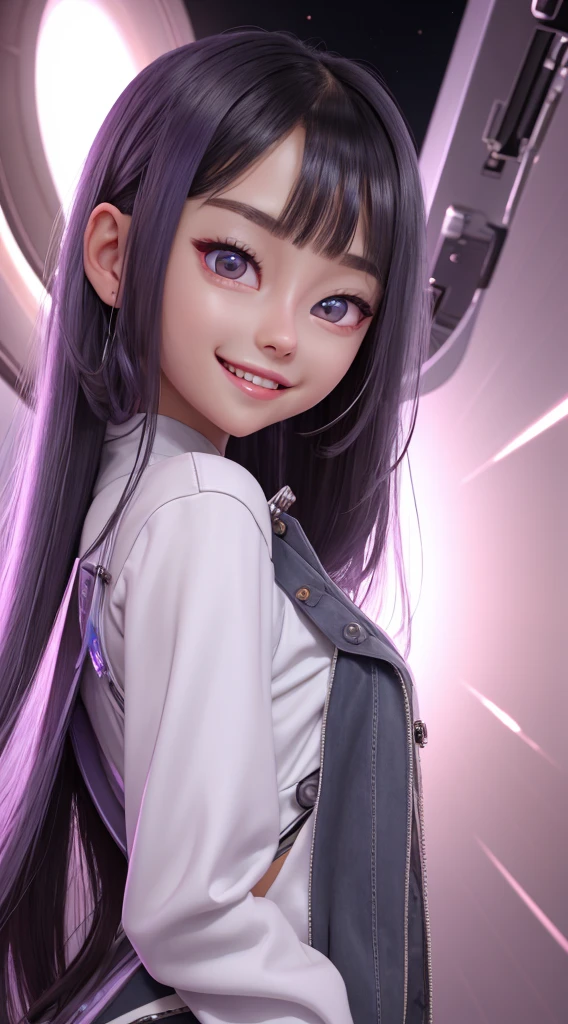 A beautiful alien girl with lilac skin and black hair, black eyes, a captivating smile, and delicate extraterrestrial features, her clothes are from other galaxies.