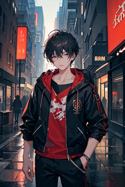1boy, jacket, rain, outdoor, hoodie, open jacket, chain, backpack, looking at another, messy hair, 8k resolution, highly detailed, anatomically correct, sharp image, digital painting, concept art,